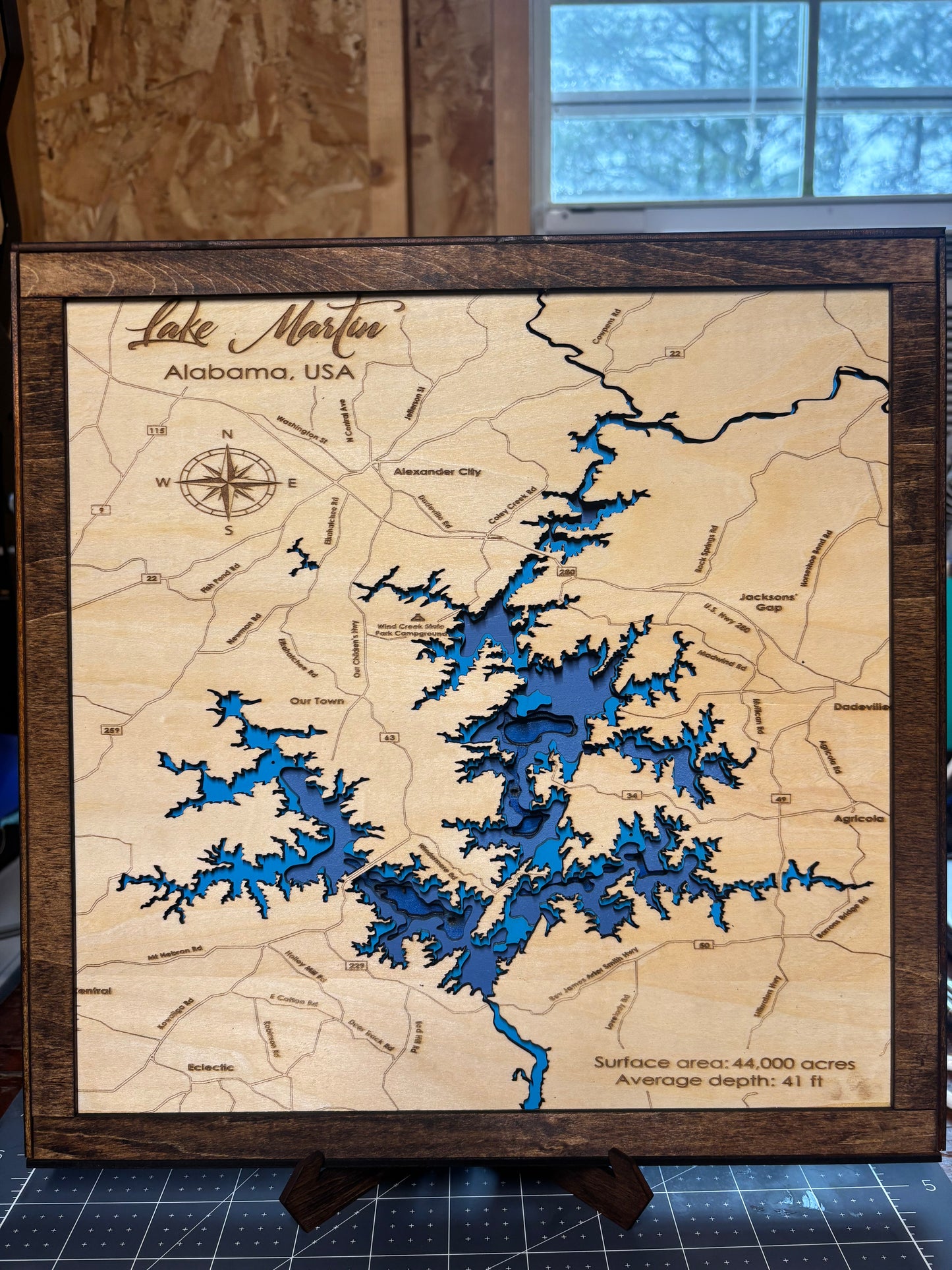 Lake Martin Depth Map 12”x12” with Epoxy Finish